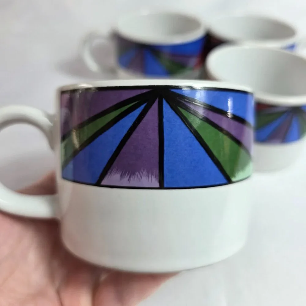 FOUR Sakura Sunset Mountain Flat Cups White with Multicolor Border